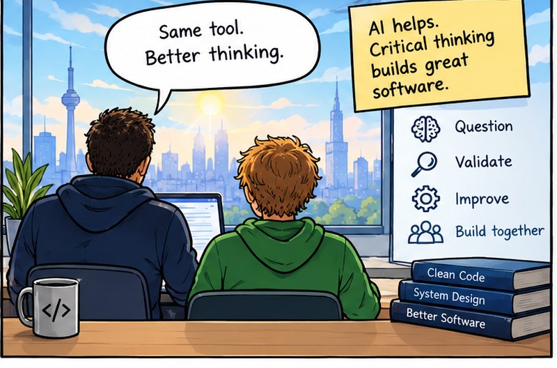 Comic panel: two developers at a desk looking out over a city. Speech bubble reads same tool, better thinking. A note reads AI helps, critical thinking builds great software.